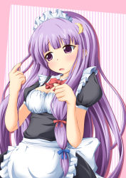 Rule 34 | 1girl, alternate costume, apron, blush, bow, breasts, crescent, crescent hair ornament, enmaided, female focus, hair ornament, highres, long hair, maid, maid apron, maid headdress, neats, open mouth, patchouli knowledge, purple eyes, purple hair, solo, striped, striped background, touhou