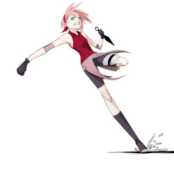 Rule 34 | 1girl, arm warmers, bandages, bare shoulders, black footwear, black gloves, boots, breasts, clenched teeth, full body, gloves, green eyes, haruno sakura, headband, headdress, holding, holding weapon, holster, kunai, looking at viewer, naruto (series), naruto shippuuden, parted lips, pink hair, pink skirt, red shirt, shirt, shoes, short hair, side slit, simple background, skirt, sleeveless, sleeveless shirt, small breasts, solo, teeth, thigh holster, thigh strap, toeless footwear, weapon, white background, yama