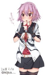 Rule 34 | 1girl, bad id, bad twitter id, belt, black sailor collar, black skirt, black thighhighs, blurry, commentary request, dated, gift, hair intakes, kantai collection, meguru (megurunn), one-hour drawing challenge, open mouth, pink hair, pleated skirt, red eyes, sailor collar, school uniform, serafuku, shirt, short hair, short sleeves, simple background, skirt, solo, striped clothes, striped shirt, tama (kancolle), tama kai ni (kancolle), thighhighs, translation request, twitter username, white background