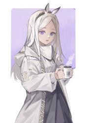 Rule 34 | 1girl, absurdres, animal ears, arknights, black skirt, commentary, cup, forehead, heavyrain (arknights), highres, holding, holding cup, hood, hood down, hooded jacket, jacket, long hair, long sleeves, looking at viewer, mug, open clothes, open jacket, parted bangs, parted lips, puffy long sleeves, puffy sleeves, purple eyes, revision, shirt, skirt, sleeves past wrists, solo, white hair, white jacket, white shirt, yinghuahua, zebra ears