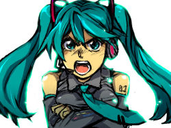 Rule 34 | 1girl, angry, bad id, bad pixiv id, blue hair, crossed arms, detached sleeves, face, hatsune miku, long hair, necktie, parody, saitou yahu, solo, top wo nerae!, twintails, vocaloid