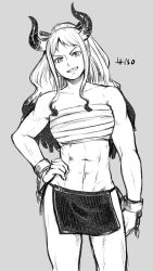 Rule 34 | 1girl, abs, arm at side, artist name, bandages, bare arms, bare shoulders, chain, cuffs, fundoshi, grey background, greyscale, grin, hair ornament, hair stick, hand on own hip, head tilt, highres, horns, japanese clothes, long hair, misokkasu, mizu happi, monochrome, multicolored hair, multicolored horns, navel, one piece, oni, sarashi, shackles, simple background, sketch, smile, solo, stomach, toned, underwear, underwear only, v-shaped eyebrows, yamato (one piece)