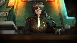 Rule 34 | 1girl, black gloves, black shirt, brown hair, brown vest, collared shirt, corded phone, game cg, glasses, gloves, green jacket, highres, indoors, jacket, limbus company, nai ga, necktie, official art, orange eyes, outis (project moon), parted lips, phone, project moon, shirt, short hair, sitting, solo, teapot, teeth, unworn jacket, vest, watch, wing collar, wristwatch, yellow necktie