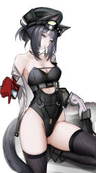 Rule 34 | 1girl, absurdres, animal ears, arknights, asymmetrical gloves, bare shoulders, black hair, black headwear, black leotard, black thighhighs, breasts, cat ears, cat tail, cleavage, commentary request, gloves, goggles, goggles on head, grey eyes, grey gloves, highleg, highres, leotard, lungmen dollar, medium breasts, mismatched gloves, nopetroto, off shoulder, ponytail, red gloves, rockrock (arknights), short hair, simple background, solo, strapless, strapless leotard, tail, thighhighs, thighs, white background