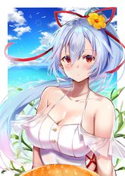 Rule 34 | 1girl, :o, alternate costume, bare shoulders, blush, border, breasts, cleavage, cloud, collarbone, commentary request, day, fate/grand order, fate (series), felnemo, flower, hair between eyes, hair flower, hair ornament, hair ribbon, highres, large breasts, looking at viewer, ocean, ponytail, red eyes, red ribbon, ribbon, silver hair, spaghetti strap, tomoe gozen (fate), white border