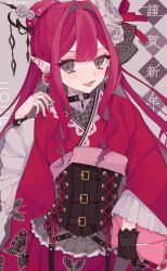 Rule 34 | 1388chan, 1girl, animal print, baobhan sith (fate), blush, butterfly print, ear piercing, earrings, fang, fate/grand order, fate (series), flower, gloves, grey background, grey eyes, hair bun, hair flower, hair ornament, hair stick, hand up, highres, japanese clothes, jewelry, kimono, nail polish, open mouth, piercing, pink hair, pointy ears, red kimono, single glove, skin fang, smile, solo, text background, underbust, wide sleeves, wrist cuffs