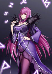 Rule 34 | 1girl, absurdres, bare shoulders, breasts, cleavage, covered navel, detached collar, dress, fate/grand order, fate (series), feather trim, hair between eyes, highres, jewelry, large breasts, long hair, long sleeves, looking at viewer, pantyhose, pendant, purple dress, purple hair, purple pantyhose, red eyes, runes, scathach (fate), scathach skadi (fate), solo, thighs, tiara, wand, xiao gen