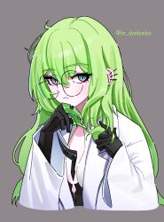 1girl bespectacled black_gloves blue_eyes claw_ring closed_mouth commentary cropped_torso dyadyadya ear_piercing glasses gloves green_hair grey_background hair_between_eyes hands_up highres honkai_(series) honkai_impact_3rd lab_coat long_hair long_sleeves looking_at_viewer mobius_(honkai_impact) piercing simple_background solo twitter_username upper_body wide_sleeves