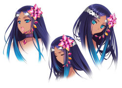 Rule 34 | 1girl, blue eyes, blue hair, carnelian, collar, concept art, dark skin, closed eyes, hair ornament, headset, jewelry, lips, long hair, looking at viewer, merli (vocaloid), multicolored hair, multiple views, open mouth, purple hair, simple background, vocaloid, white background