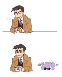 Rule 34 | 1boy, 1girl, 2koma, anabel (pokemon), brown hair, coat, comic, creatures (company), cup, game freak, holding, holding cup, looker (pokemon), looking at another, necktie, nintendo, pokemon, pokemon sm, purple hair, sigh, silent comic, simple background, staring, upper body, vergolophus, white background