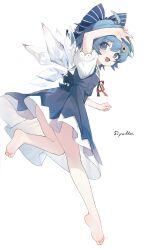 Rule 34 | 1girl, ahoge, artist name, ass, barefoot, blue bow, blue dress, blue eyes, blue hair, blush, bow, cirno, detached wings, dress, fairy, feet, flower, full body, hair between eyes, hair bow, hair flower, hair ornament, highres, ice, ice wings, open mouth, shirt, short hair, short sleeves, simple background, siyumu, smile, soles, solo, sunflower, sunflower hair ornament, toes, touhou, white background, white shirt, wings