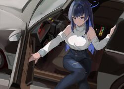 Rule 34 | 1girl, absurdres, black hair, blue eyes, blue hair, blue pants, car door, car interior, colored inner hair, high-waist pants, highres, hololive, hololive english, long hair, looking at viewer, multicolored hair, official alternate costume, open door, ouro kronii, ouro kronii (casual), pants, shirt, smile, solo, torn clothes, torn pants, turtleneck, turtleneck shirt, virtual youtuber, white shirt, yato (yama0x1)