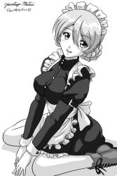 Rule 34 | 1girl, alternate costume, apron, arm garter, artist name, boots, braid, commentary, cross-laced footwear, darjeeling (girls und panzer), dated, dress, enmaided, frilled dress, frills, girls und panzer, greyscale, high collar, lace-up boots, long sleeves, looking at viewer, maid, maid apron, maid headdress, matsui yasutsugu, medium dress, monochrome, open mouth, short hair, signature, sitting, smile, solo, straight-laced footwear, twin braids, v arms, wariza