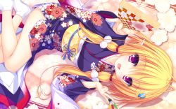 Rule 34 | 1girl, :d, blonde hair, blush, dutch angle, fang, floral print, hagoita, hair ornament, hairpin, highres, japanese clothes, kimono, legs, looking at viewer, lying, magicalic sky high, mikagami mamizu, open mouth, paddle, pointy ears, purple eyes, saraira, shuttlecock, smile, solo, tabi