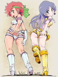 Rule 34 | 2girls, ass, blue eyes, blue hair, boots, breasts, brown eyes, chibi, commentary request, crop top, dirty pair, earrings, eyebrows, from behind, full body, gloves, hand on own ass, headband, jewelry, kei (dirty pair), kiichi, knee boots, looking at viewer, looking back, multiple girls, red hair, short hair, short shorts, shorts, signature, simple background, single glove, standing, thighs, yellow footwear, yellow gloves, yuri (dirty pair)