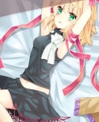 Rule 34 | 1girl, armpits, arms up, bare shoulders, blonde hair, breasts, female focus, green eyes, highres, medium breasts, minato usagi, mizuhashi parsee, navel, open mouth, pointy ears, ribbon, scarf, skirt, solo, tank top, touhou