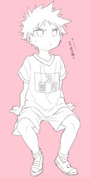 Rule 34 | 1boy, gym shirt, gym shorts, gym uniform, male focus, original, own hands together, shirt, shoes, shorts, simple background, sitting, sneakers, solo, t-shirt, wool bl