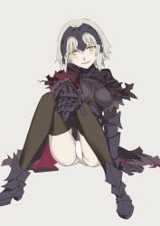 Rule 34 | 1girl, arm support, armor, armored boots, armored dress, black thighhighs, blonde hair, blush, boots, breasts, capelet, chain, fate/grand order, fate (series), gauntlets, grey background, headpiece, highres, jeanne d&#039;arc (fate), jeanne d&#039;arc alter (avenger) (fate), jeanne d&#039;arc alter (fate), ningen (ningen96), open mouth, panties, short hair, sitting, smile, solo, thighhighs, underwear, white panties, yellow eyes