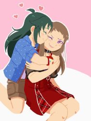 Rule 34 | 2girls, artist request, blue jacket, blush, bracelet, brown hair, child, closed eyes, collar, collared jacket, couple, eyelashes, fang, female focus, flat chest, green hair, happy, heart, height difference, hug, idolmaster, idolmaster cinderella girls, jacket, jewelry, kiss, kissing cheek, kneeling, koseki reina, legs, long hair, looking at another, multiple girls, namco, nanjo hikaru, neck, one eye closed, open clothes, open jacket, open mouth, parted bangs, pink background, profile, purple eyes, red skirt, shiny skin, short sleeves, shorts, sidelocks, sitting, skirt, smile, spiked hair, straight hair, thighs, two-tone background, yuri