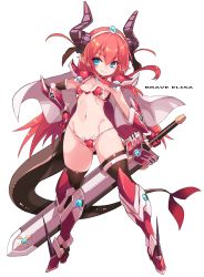 Rule 34 | 1girl, black thighhighs, blue eyes, breasts, elizabeth bathory (brave) (fate), elizabeth bathory (fate), fate/grand order, fate (series), full body, highres, holding, holding sword, holding weapon, horns, karukan (monjya), long hair, navel, pointy ears, red hair, simple background, small breasts, smile, solo, standing, sword, tail, thighhighs, weapon, white background