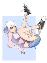 Rule 34 | 1girl, absurdres, highres, legs up, lying, on back, original, short hair, short shorts, shorts, simple background, solo, untied footwear, white hair, yasu (pixiv), yellow eyes