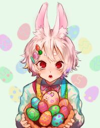 Rule 34 | 1boy, absurdres, albino, basket, blue background, blue shirt, bow, bowtie, carrot hair ornament, child, easter, easter egg, egg, egg background, food-themed hair ornament, hair ornament, hairclip, highres, holding, holding basket, long sleeves, looking at viewer, multicolored vest, nira adam, open mouth, original, pale skin, pink bow, pink bowtie, rabbit boy, red eyes, shirt, sketch, solo, thick eyebrows, upper body, white hair