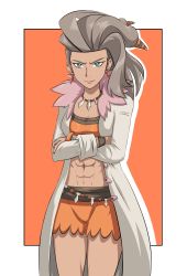 Rule 34 | 1girl, abs, absurdres, armband, bracelet, bright pupils, creatures (company), crossed arms, earrings, ememtrp, fangs, game freak, green eyes, hair ornament, highres, jewelry, lab coat, long hair, midriff, muscular, muscular female, navel, necklace, nintendo, orange shorts, pink fur, pokemon, pokemon sv, sada (pokemon), shorts, simple background, white pupils