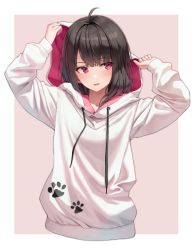Rule 34 | 1girl, ahoge, black hair, hands up, highres, hood, hooded jacket, jacket, long sleeves, looking to the side, medium hair, open mouth, original, outside border, paw print, pink eyes, simple background, solo, superpig, two-tone background, white jacket