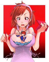 Rule 34 | 2girls, bandana, between breasts, blush, bouncing breasts, breasts, camisole, cleavage, devil survivor, elbow gloves, fairy, fu (oufu), gloves, hairband, handheld game console, headband, highres, jewelry, large breasts, megami tensei, mini person, minigirl, multiple girls, necklace, nintendo ds, orange hair, person between breasts, pixie (megami tensei), red eyes, red hair, short hair, star (symbol), tanigawa yuzu, tank top, wings