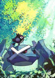 Rule 34 | absurdres, bird, black sclera, blurry, blurry foreground, branch, colored sclera, commentary request, creatures (company), dappled sunlight, day, depth of field, game freak, gen 3 pokemon, gen 8 pokemon, grass, highres, light rays, looking at viewer, metagross, nintendo, no humans, on head, outdoors, pokemon, pokemon (creature), pokemon on head, red eyes, rookidee, sunlight, tree, v-shaped eyebrows, zeroartwo