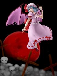 Rule 34 | 1girl, bad id, bad pixiv id, bat wings, blue hair, cross, dress, female focus, hat, mary janes, outdoors, red eyes, remilia scarlet, shoes, short hair, skull, sky, solareba, solo, touhou, wings, wrist cuffs