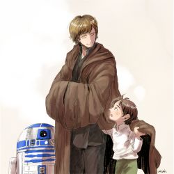 Rule 34 | 2boys, aged down, animification, astromech droid, ben solo, brown hair, child, cloak, closed eyes, looking at another, luke skywalker, male focus, matsuri6373, multiple boys, r2-d2, robot, signature, star wars