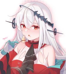 Rule 34 | 1girl, aqua gloves, arknights, ascot, black ascot, blush, breasts, detached sleeves, dress, eating, food, food on face, fork, gloves, grey hair, headgear, highres, holding, holding fork, lingshalan, long hair, looking at viewer, medium breasts, official alternate costume, open mouth, red dress, red eyes, red sleeves, skadi (arknights), skadi the corrupting heart (arknights), solo, upper body, white background