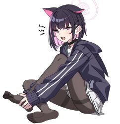 Rule 34 | 1girl, animal ears, black hair, blue archive, blue jacket, bob cut, brown pantyhose, cat ears, choker, fang, feet, full body, hair ornament, hairclip, halo, highres, holding own foot, hood, hooded jacket, jacket, jewelry, kazusa (blue archive), legs, looking at viewer, medium hair, multicolored hair, no shoes, open mouth, pantyhose, pendant, pink eyes, pink hair, school uniform, see-through, sidelocks, sitting, skirt, soles, tamago (eva1314056), toes, two-tone hair, white background, white skirt