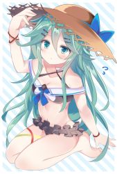 Rule 34 | 1girl, bare shoulders, barefoot, bikini, black bikini, breasts, cleavage, fathom, frilled bikini, frills, green eyes, green hair, hair between eyes, hair down, hair ornament, hairclip, hat, highres, kantai collection, long hair, looking up, navel, parted bangs, seiza, sitting, small breasts, solo, straw hat, swimsuit, yamakaze (kancolle)