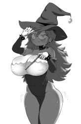 Rule 34 | bare shoulders, blush, bracelet, breasts, choker, cleavage, earrings, glasses, greyscale, gs16 (chug), hand on headwear, hat, highres, huge breasts, jewelry, jourjii, leotard, loincloth, looking at viewer, monochrome, moon (ornament), navel, nervous, nervous smile, original, piercing, round eyewear, smile, spiked bracelet, spiked choker, spikes, sweat, thick thighs, thighs, wand, wide hips, witch hat