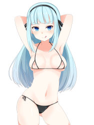 Rule 34 | 1girl, :q, armpits, arms up, black panties, black ribbon, blue eyes, blue hair, blush, bra, breasts, breasts apart, closed mouth, closers, collarbone, cupless bra, fiz (user vnav5222), groin, hair ribbon, heart, heart-shaped pupils, highres, long hair, looking at viewer, medium breasts, navel, nipples, panties, ribbon, side-tie panties, simple background, smile, solo, symbol-shaped pupils, tongue, tongue out, underwear, v-shaped eyebrows, violet (closers), white background