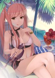 Rule 34 | 1girl, :p, absurdres, bare legs, bikini, bracelet, breasts, chair, cleavage, crossed legs, fate/grand order, fate (series), flower, hibiscus, highres, holding, jewelry, long hair, looking at viewer, lounge chair, medb (fate), medb (swimsuit saber) (fate), medb (swimsuit saber) (second ascension) (fate), medium breasts, navel, pink hair, riding crop, shiro manjuu (shiroxie), smile, solo, swimsuit, tiara, tongue, tongue out, tropical drink, twintails, white bikini, yellow eyes