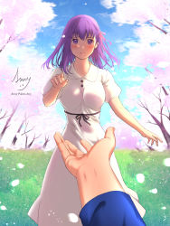 Rule 34 | 1boy, 1girl, bad id, bad pixiv id, black ribbon, blush, breasts, cherry blossoms, collared dress, commentary request, crying, crying with eyes open, day, dress, emiya shirou, fate/stay night, fate (series), grass, hair ribbon, hand up, heaven&#039;s feel, highres, hongye (littlemomiji), large breasts, long hair, looking at viewer, matou sakura, official alternate costume, outdoors, parted lips, pov, pov hands, puffy short sleeves, puffy sleeves, purple eyes, purple hair, reaching, ribbon, short sleeves, solo focus, standing, tears, tree, white dress