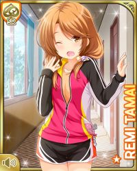 Rule 34 | 1girl, :o, bare legs, black jacket, black shorts, brown eyes, brown hair, card (medium), day, girlfriend (kari), indoors, jacket, looking at viewer, low twintails, morning, official art, one eye closed, orange shirt, qp:flapper, shirt, shorts, solo, standing, tagme, tamai remi, tank top, twintails, workout clothes