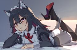 Rule 34 | 1girl, alternate costume, animal ear fluff, animal ears, apron, arknights, back bow, bed sheet, black dress, black footwear, black hair, black pantyhose, blush, bow, bowtie, breasts, brown eyes, closed mouth, ddt (darktrident), dress, ear piercing, earpiece, enmaided, feet up, food, food in mouth, frills, hand on own cheek, hand on own face, high heels, juliet sleeves, light, long sleeves, lying, maid, maid headdress, medium breasts, mouth hold, multicolored hair, on bed, on stomach, pantyhose, piercing, pocky, puffy sleeves, red bow, red bowtie, red hair, shoe dangle, smile, solo, tail, texas (arknights), two-tone hair, white apron, white bow, wolf ears, wolf girl, wolf tail