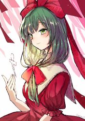 Rule 34 | 1girl, blush, bow, collar, commentary request, dress, green eyes, green hair, hair bow, hair ribbon, highres, kagiyama hina, long hair, puffy short sleeves, puffy sleeves, raised eyebrows, red bow, red dress, red ribbon, ribbon, ryuuta (akatukiryoka), short sleeves, signature, smile, solo, touhou, white collar
