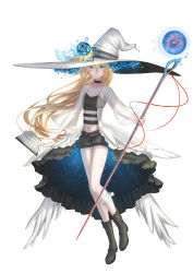 Rule 34 | 10s, 1girl, adapted costume, bandages, black cape, black footwear, black shorts, blonde hair, book, boots, breasts, cape, collarbone, floating hair, full body, hat, hat ribbon, highres, holding, holding staff, long hair, midriff, navel, open book, rachel gardner, ribbon, rin (pixiv4106191), satsuriku no tenshi, see-through, short shorts, shorts, simple background, small breasts, solo, staff, stomach, very long hair, waist cape, white background, white hat, witch hat