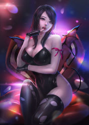 Rule 34 | 1girl, arm ribbon, armchair, black eyes, black hair, black leotard, black thighhighs, breast hold, breasts, cglas, chair, cleavage, covered navel, cowboy shot, fangs, final fantasy, final fantasy vii, finger to mouth, fingerless gloves, gloves, head tilt, large breasts, leotard, long hair, looking at viewer, open mouth, ribbon, sitting, solo, swept bangs, tail, thighhighs, thighs, torn clothes, torn thighhighs, wings