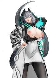 Rule 34 | 1girl, absurdres, arknights, arm behind head, between breasts, black pantyhose, breasts, breasts out, chinese commentary, commentary, dress, feathered wings, fingerless gloves, gloves, grey hair, grey nails, hair between eyes, hand on own hip, head wings, highres, ho&#039;olheyak (arknights), infection monitor (arknights), large breasts, long sleeves, long tail, looking at viewer, nipples, open mouth, pantyhose, pencil dress, simple background, snake tail, solo, strap between breasts, tail, two-tone wings, white background, white dress, white gloves, white nails, wings, zellyn-zhou