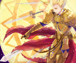 Rule 34 | 1boy, armor, bad id, bad pixiv id, blonde hair, earrings, fate/stay night, fate (series), gate of babylon (fate), gilgamesh (fate), jewelry, male focus, red eyes, ruondea, solo, sword, weapon