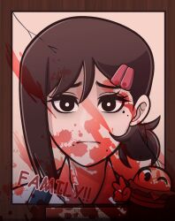 Rule 34 | 1girl, blood, blood splatter, brown hair, chainsaw man, collared shirt, family burger (chainsaw man), family burger mascot (chainsaw man), higashiyama kobeni, highres, kermittend, looking at viewer, medium hair, mole, mole under eye, mole under mouth, one eye closed, picture frame, shirt, short ponytail, side ponytail, single sidelock, solo, swept bangs, v, white shirt
