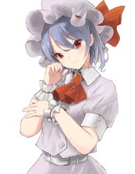 Rule 34 | 1girl, ascot, belt, belt buckle, blue hair, blush, brooch, buckle, buttons, closed mouth, commentary request, grey hat, grey shirt, grey skirt, hair between eyes, hands up, hat, hat ribbon, head tilt, highres, jewelry, looking at viewer, mob cap, no wings, pink hat, pink shirt, pink skirt, red eyes, red ribbon, remilia scarlet, ribbon, shirt, short hair, short sleeves, sidelocks, simple background, skirt, skirt set, sleeve cuffs, smile, solo, touhou, tsurime, twirling hair, white background, white belt, wing collar, wrist cuffs, yamabukiiro (browncat)