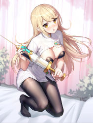Rule 34 | 1girl, black pantyhose, blonde hair, blush, breasts, brown eyes, cleavage, commentary request, curtains, dress, full body, holding, holding syringe, indoors, large breasts, long hair, looking at viewer, mythra (xenoblade), no shoes, nurse, on bed, pantyhose, parted lips, ririko (zhuoyandesailaer), short sleeves, solo, syringe, thighband pantyhose, v-shaped eyebrows, very long hair, white dress, xenoblade chronicles (series), xenoblade chronicles 2