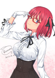 Rule 34 | 1girl, adjusting eyewear, arm up, bespectacled, black ribbon, blouse, blue eyes, breasts, butterfly hair ornament, center frills, dated, frilled shirt, frilled sleeves, frills, glasses, gloves, go-toubun no hanayome, gradient background, hair ornament, head tilt, highres, kaname (melaninusa09), large breasts, long sleeves, looking at viewer, nakano nino, neck ribbon, pink background, pink hair, red-framed eyewear, ribbon, shirt, short hair, signature, smile, upper body, white background, white gloves, white shirt